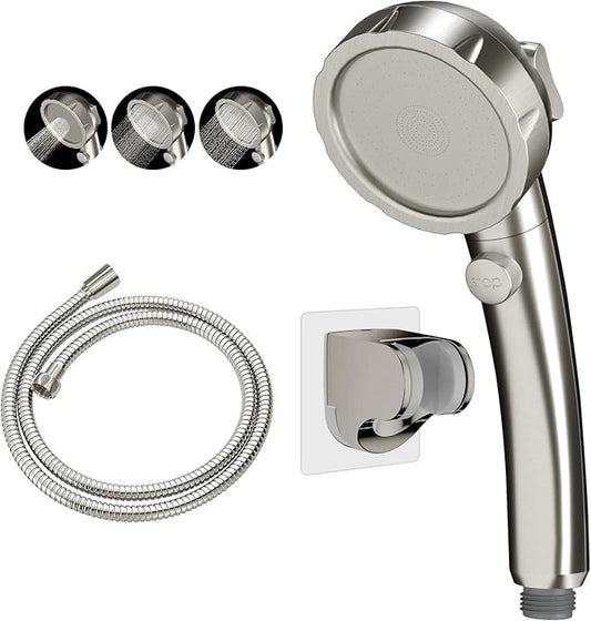 KAIYING Drill-Free High Pressure Handheld Shower Head with ON/OFF Switch, 3 Spray Modes - Brushed Nickel
