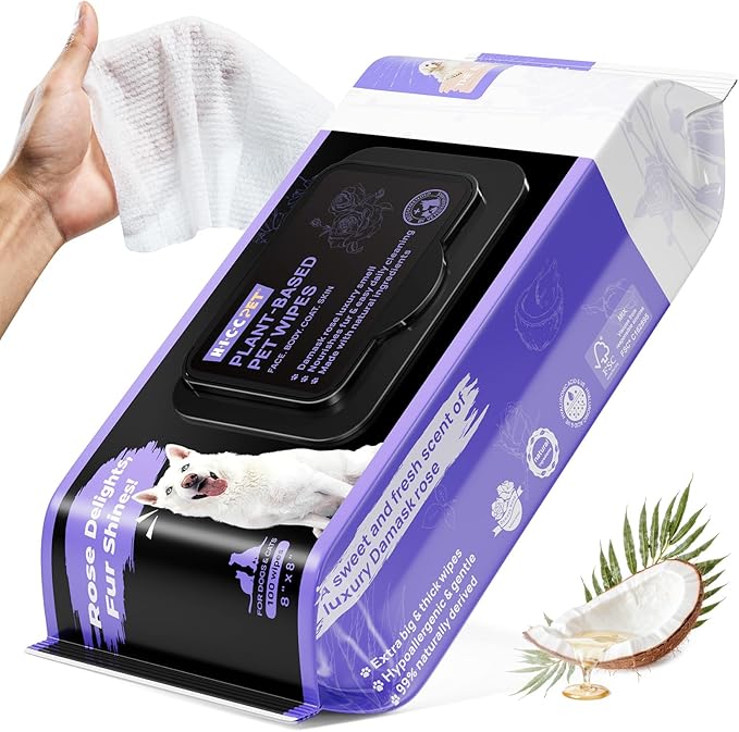 HICC PET Wipes for Dogs and Cats, Vet-Recommended Pets Cleaning Wipes, Deodorizing Hydrating, Nourishes Smoothes Fur, Fermented Coconut Oil Grooming Paws Body and Butt, Horse Skin Coat, Rose, 100pcs