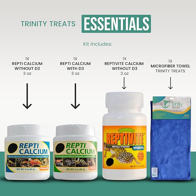 Repti Calcium with D3 (3 oz), Repti Calcium Without D3 (3 oz), and Reptivite Without D3 (2 oz) for Reptiles, Includes Trinity Treats Microfiber Cleaning Cloth