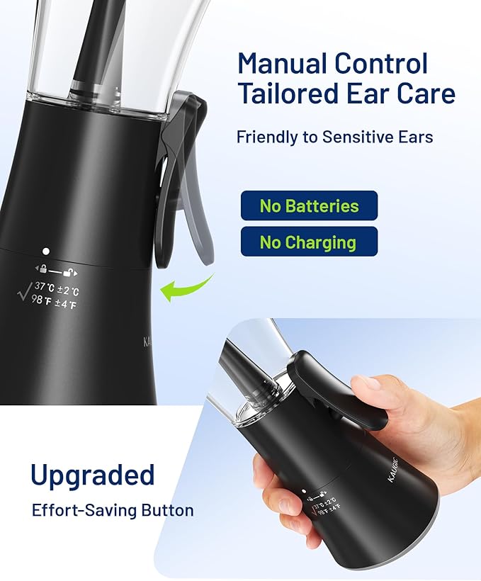 Upgraded Manual Ear Wax Removal Kit, 2-in-1 Water Tank Ear Irrigation Flushing System - Ergonomic Effort-Saving Button, One-Hand Operation, Soft Silicone Tips, Safe & Comfortable for Home Use