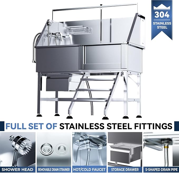 46" Dog Washing Station, Professional Stainless Steel Dog Bathtub w/Ramp & Storage Drawer, Adjustable Grate, Non-Slip Design, Home Grooming & Large Dogs (Right Stair)