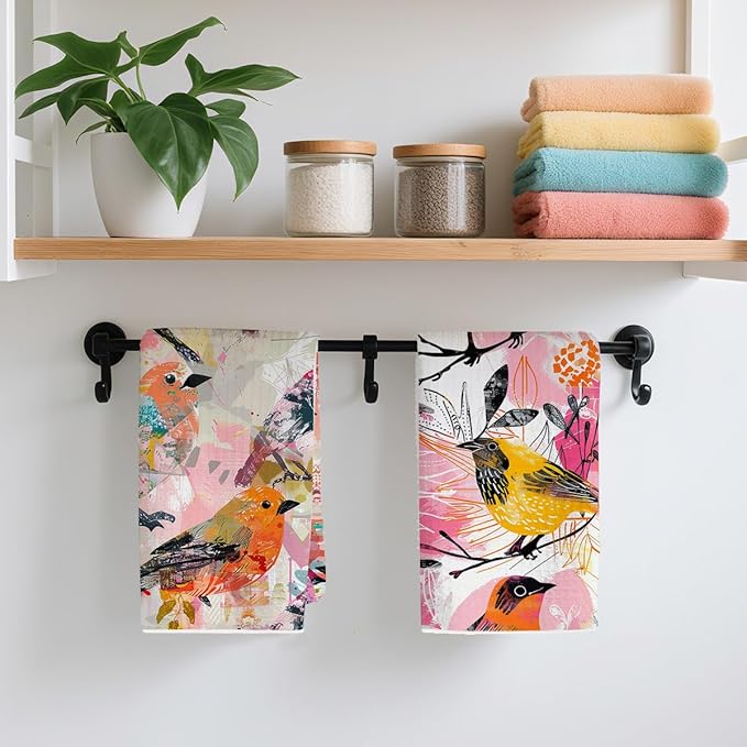 2 Pcs Abstract Bird Kitchen Towels, Colorful Art Decorative Absorbent Microfiber Dish Cloth Tea Towel, Waffle Soft Hand Towels for Farmhouse Home Bathroom, Housewarming Gifts