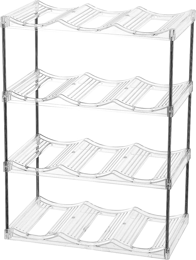 IEEK 4 Tier Stackable Wine and Water Bottle Holder Free-Standing Fridge Wine Bottle Organizers Clear Plastic Water Bottle Holder for Cabinet,Refrigerator,Pantry,Kitchen Countertops,Holds 12 Bottles