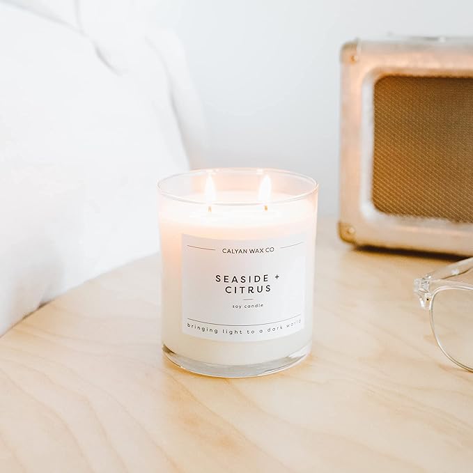 Calyan Wax Co. 2 Wick Candle, Seaside + Citrus Scented Candle, 37 Hour Burn Time, Aromatherapy Soy Candles, Non Toxic & Vegan Soy Wax, Glass Tumbler Scented Candles, 8.8oz