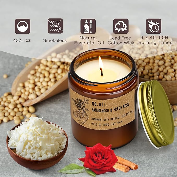Soy Wax Candle Gift Set, 4 Pack Scented Candles for Home – Sandalwood & Fresh Rose, Lavender, Amber & Moss–Long Lasting Aromatherapy Candles for Stress Relief & Holiday Gifts for Family, Friends
