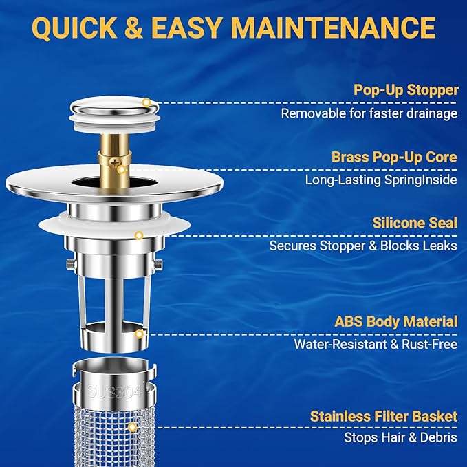 2PCS Bathroom Sink Stopper Strainer, Pop-Up Bathroom Sink Drain Strainer with Removable Stainless Steel Hair Catcher Basket, Universal Fit for US Bathroom Sinks, Bathtubs, Showers & Floor Drains