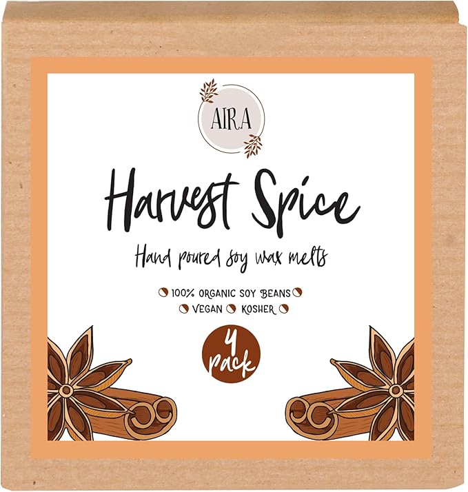 Aira Fall Wax Melt - Organic, Vegan, Kosher, Scented Soy Wax Cubes w/Essential Oil Blends - No Chemical 100% Soy Wax Melts for Electric/Tealight Melter - Hand-Poured Soy Tarts - Harvest Spice -4 Pack