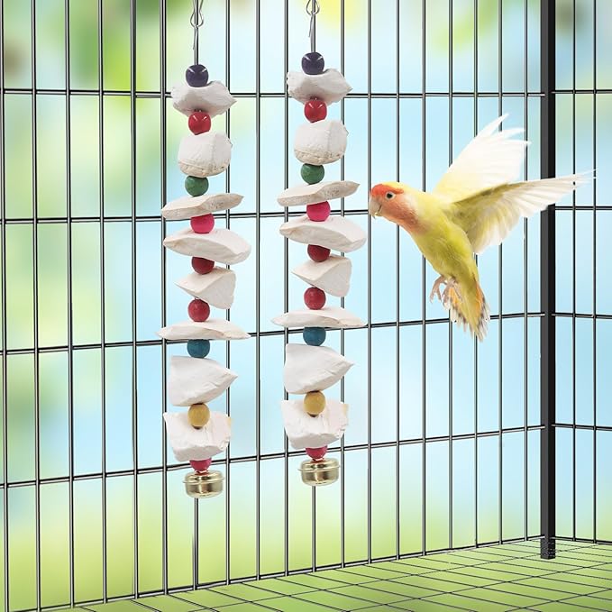 2 Pack Bird Toys with Cuttlebone, Parakeet Toys, Bird Beak Grinding Stone, Cage Accessories for Parakeets, Cuttlefish Bone for Budgies, Cockatiels, Lovebirds, Green Cheeks, Small to Medium Birds