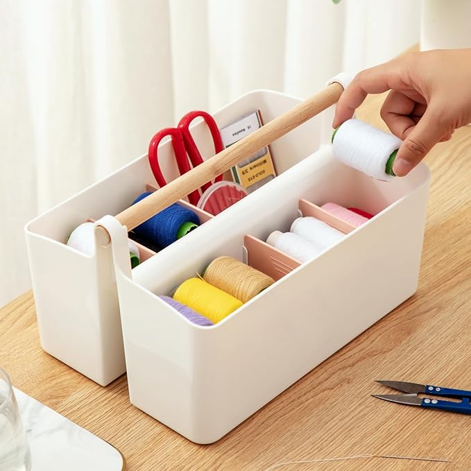 Large Plastic Portable Caddy with Handle, Storage Organizer Bin with Adjustable Dividers for Art Supplies, Crafts, Colored Pencils, Makeup Desk