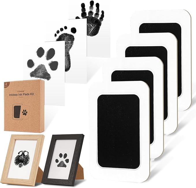 Inkless Paw Print Kit for Dogs,Cats & Babies - Clean Touch Dog Nose & Baby Handprint Kit,Mess Free Dog Paw Print Kit,4-Pcs Ink Pads & 2 Wooden Frames - Keepsake Gifts for Pet Lovers,New Moms