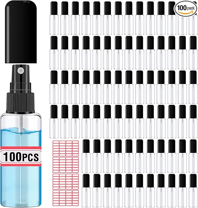 100 Pack 2oz/55ml Plastic Small Spray Bottles Mini Travel Spray Bottle with Black Cap Empty Fine Mist Spray Bottles Refillable Liquid Container for Perfumes Travel Makeup