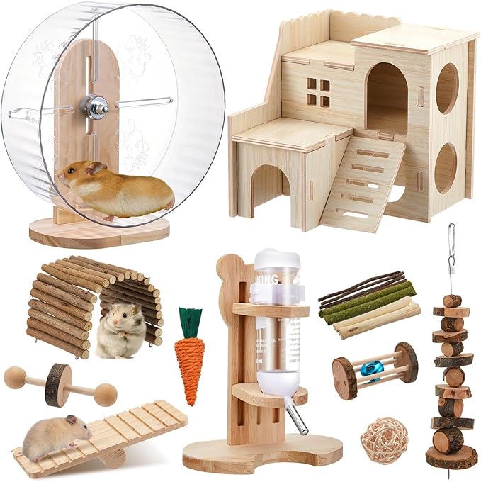 18 Pcs Hamster Cage Accessories, Silent Hamster Wheel, 15 Chew Toys Set, Maze Wood House and Water Bottle Set for Rat Mice Small Animals Habitat (Fun Interactive Style)