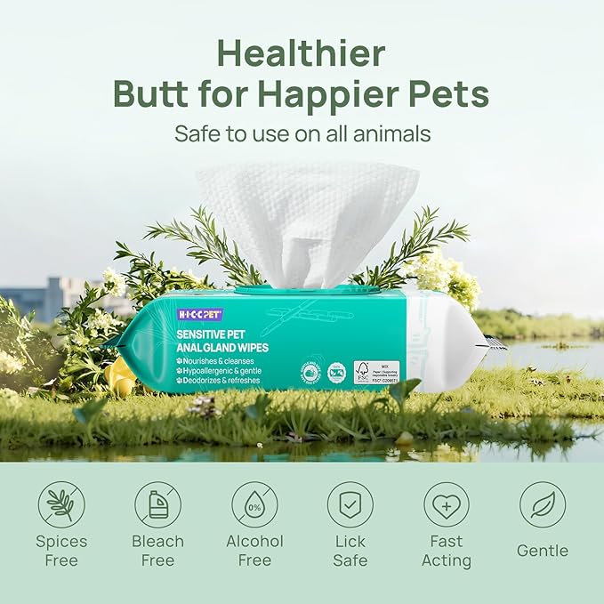 HICC PET Wipes for Dogs & Cats, Vet Recommended Cleaning Deodorizing & Soothing Allergy Infections Anal Gland Wipes, Hypoallergenic Hydrating & Nourish Fur Dog Grooming Wipes for Paw, Butt, Body