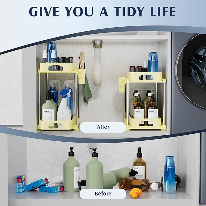 2 Pack Under Sink Organizers and Storage, Height Adjustable Bathroom Cabinet Organizer, 2 Tier Under Sink Organizer with Hooks, Under Cabinet Organizer for Kitchen Bathroom (Yellow