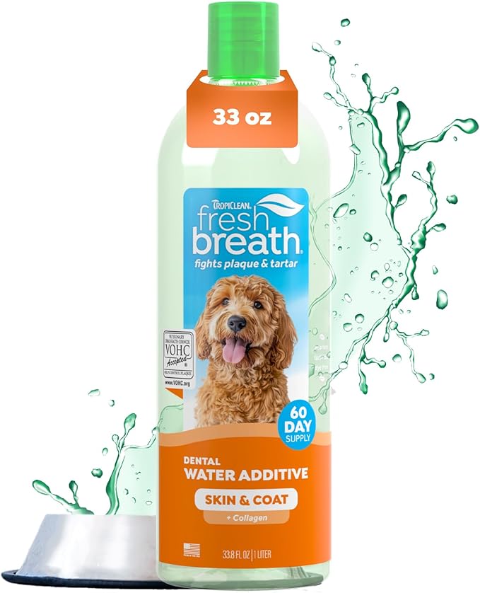TropiClean Fresh Breath Water Additive for Dogs with Collagen, Skin Health Support for Dogs, Breath Freshener and Teeth Cleaning Solution, 33.8oz.
