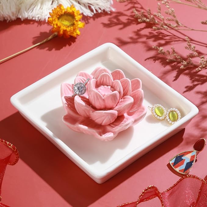 PUDDING CABIN Pink Lotus Ring Holder Dish, Jewelry Holder for Rings, Earrings, Necklace, Bracelets Organizer, Birthday, Wedding, Christmas, Valentine's Day Gifts for Her