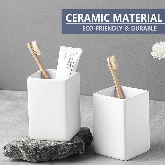 White Ceramic Toothbrush Holder - Square Bathroom Toothbrush Holder, Toothbrush Cup Holder Aesthetic Toothpaste Holder, Modern Family Size Toothbrush Organizer, Bathroom Tumbler Cup