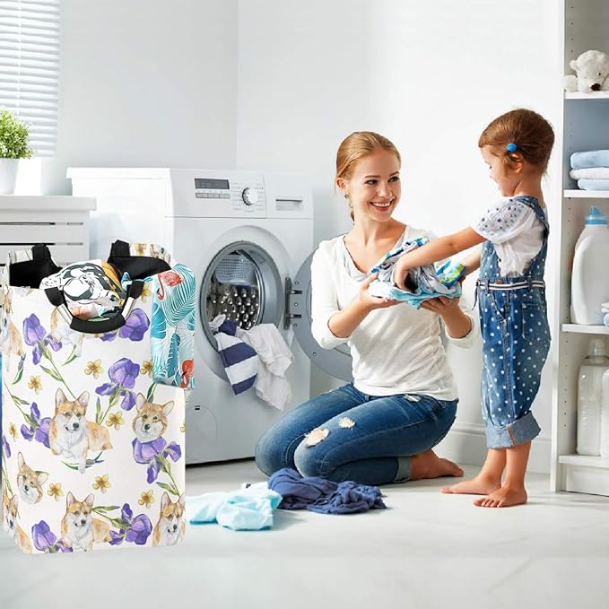 visesunny Collapsible Laundry Basket Purple Tulip Dog Animal Large Laundry Hamper with Handle Toys and Clothing Organization for Bathroom, Bedroom, Home, Dorm, Travel