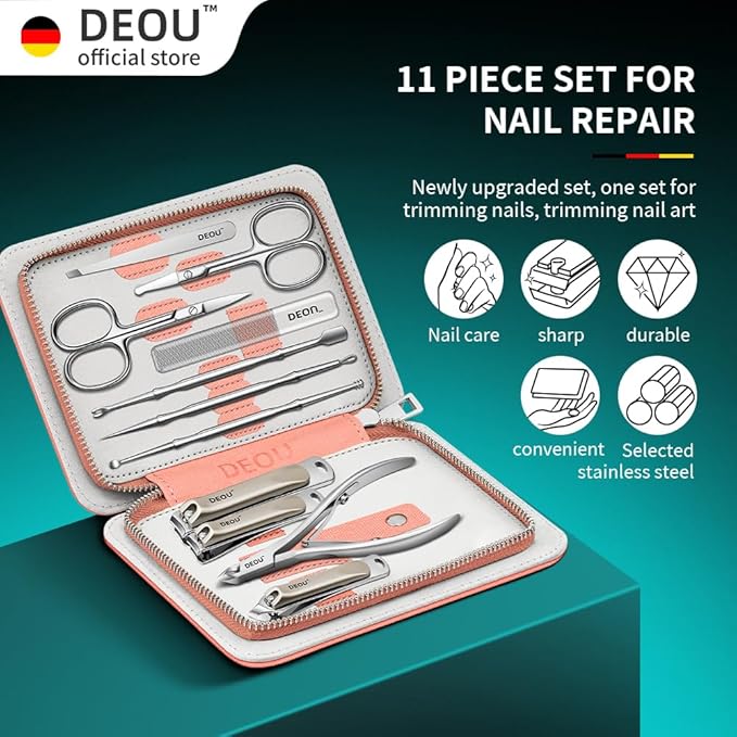 DEOU Professional Nail Set 11 in 1 stainless steel home care nail clippers, men's luxury travel leather storage box, women's beauty kit (Pink)