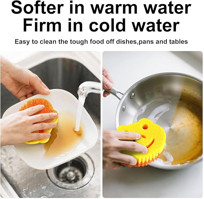 SmilePowo 5 Pack Cute Frog Scrub Sponge, Dual-Sided Temperature Controlled Kitchen Sponge for Dishes,Furniture,Bulk Sponges Household Cleaning Pads,Multi-Functional Premium Cleaning Sponges