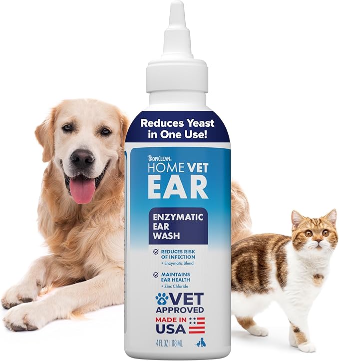 TropiClean HomeVet Enzymatic Dog Ear Cleaner, Vet Recommended Treatment for Dogs and Cats, Safe Daily Ear Cleaning Solution, USA Made, 2oz