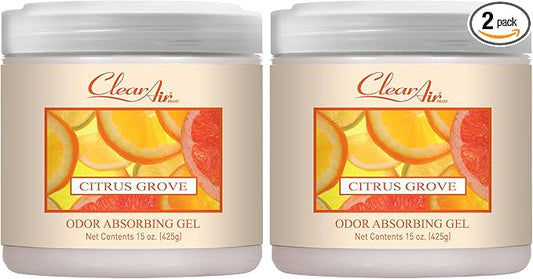 Clear Air Odor Absorber Gel - 15 oz, Pack of 2 - Air Freshener Absorbs and Eliminates Odors in Bathrooms, Cars, Boats, RVs and Pet Areas - Made with Essential Oils - Citrus Grove Scent