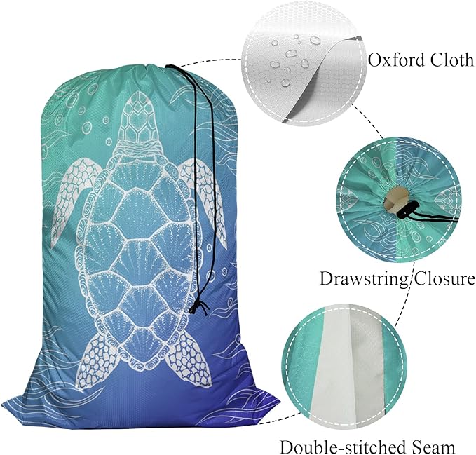 Swono Sea Turtle Laundry Bags for Travel, Home, Camping and Gym Water Bubble Seaweed Sea Life Laundry Hamper Basket 28" x 40", Football Grid Oxford Cloth