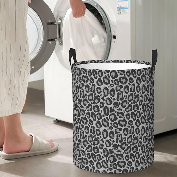 Leopard Cheetah Print Laundry Hamper Bag With Waterproof Liner - Round Laundry Basket Foldable Clothes Storage Organizer For Bathroom Bedroom Nursery Dorm, S-16.5"X 13.8"