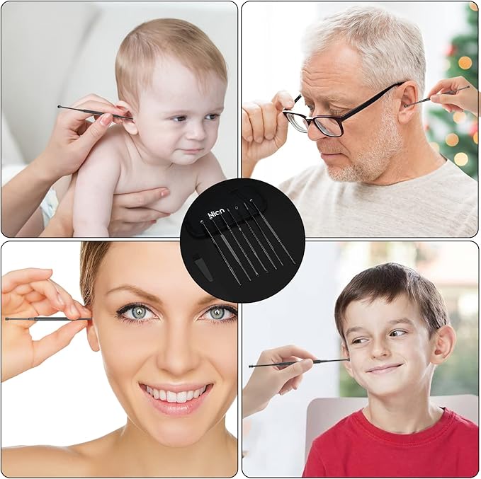 Hion 8 Pcs Ear Wax Removal Kit,Professional Double-Headed Ear Pick Earwax Removal Tools,316L Stainless Steel Ear Cleaner Curette with Cleaning Brush and Storage Box,Suit for Kid Adult(Black)