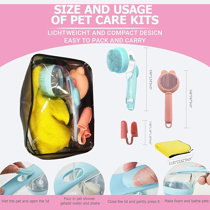 Dog Bath Brush 5 in 1 Grooming Kit - with Detachable Shampoo Dispenser & Dental Finger Cots, Gentle Pet Wash Tool for Dogs Puppies Cats, No-Slip Grip (Blue, Pink, Black)