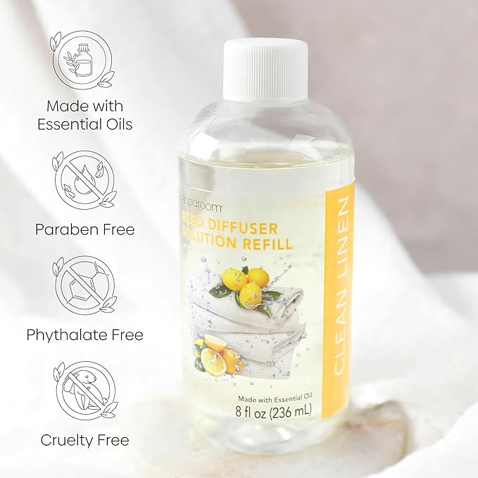 SpaRoom Reed Diffuser Oil Refill – Clean Linen Scent, 8oz Crisp and Refreshing Blend with Lemon Accents, Light and Airy Aroma for Bathroom, Bedroom, or Living Room, Long Lasting Fresh Scent