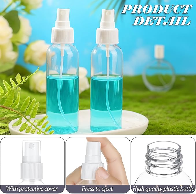 100 Pack 2 Oz Plastic Mini Spray Bottles with Refillable Mist Sprayer for Travel and Household Use for Perfume Essential Oils Cleaning (Clear)