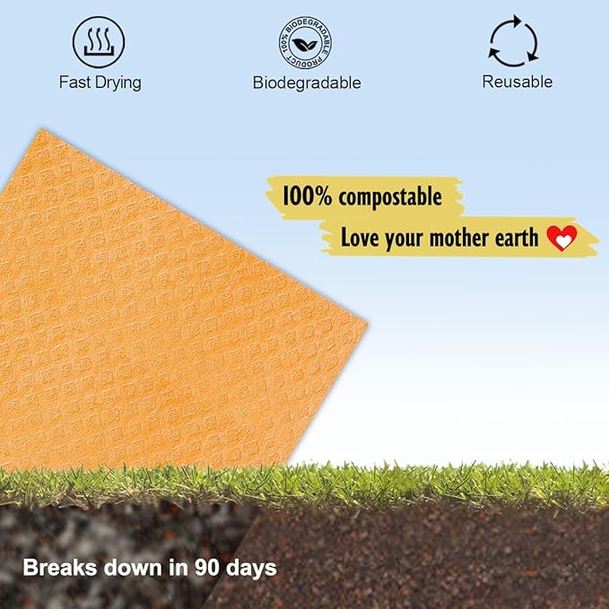 Swedish Dishcloths for Kitchen | 6 Pack Absorbent Cellulose Sponge Cloths Washable | Non-Scratch Reusable Paper Towels Quick Drying Cleaning Cloths - Orange