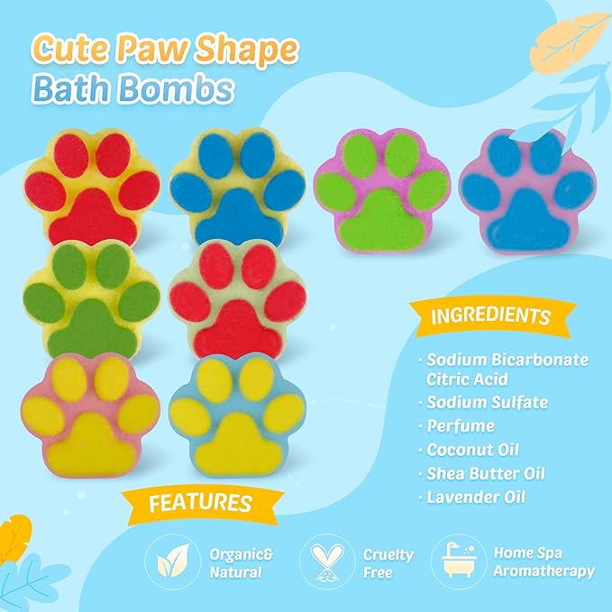 Bath Bombs for Kids with Surprise Inside, 40 Large Number Pack Paw Shape Bath Bombs Gift Set, Natural Organic Kids Bubble Bath Fizzy for Girls Boys with Bath Toys Inside