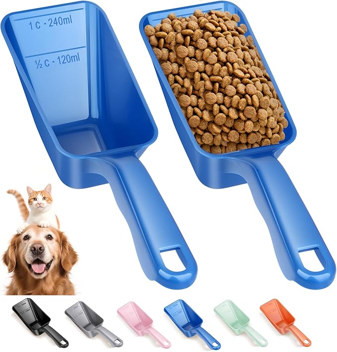 2-Pack Dog Food Scoop 1 Cup, Plastic Pet Food Measuring Scoop With Measuring Lines (1/2 & 1 Cup Markings) for Dogs, Cats, Fish, Bird（Blue)