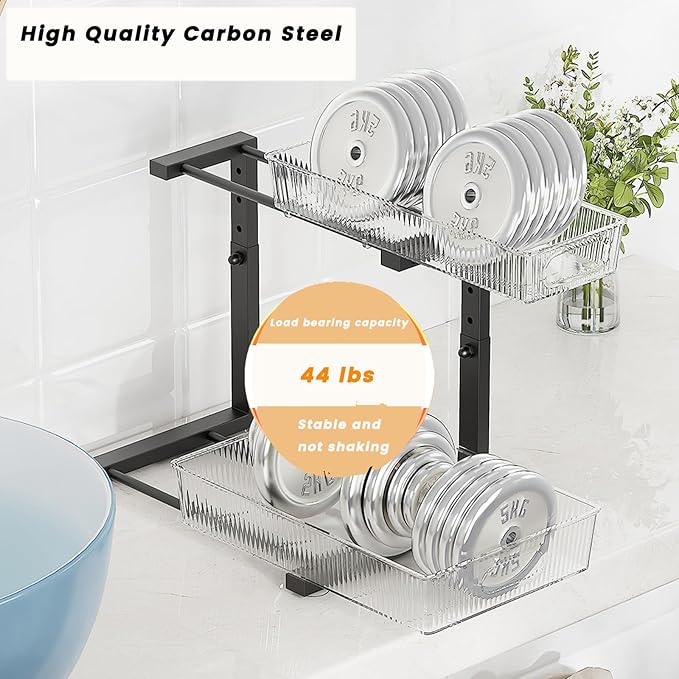 2 Pack Under Sink Organizer, 2 Tier Pull Out Storage Organizer, Slide Out Storage Shelf for Bathroom & Kitchen, Under Cabinet Organizer and Storage with 5 Gears Height Adjustable (Black)