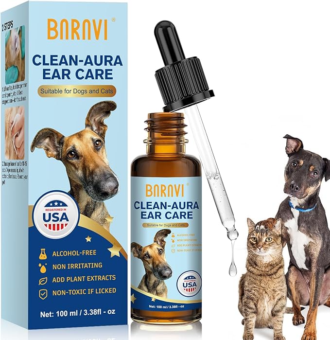 BARAVI Clean Aura Ear Care for Dogs & Cats - 3.38 fl oz (100ml) Natural Formula, Nourish & Soothe Pet Ear Comfort (Blue, S)