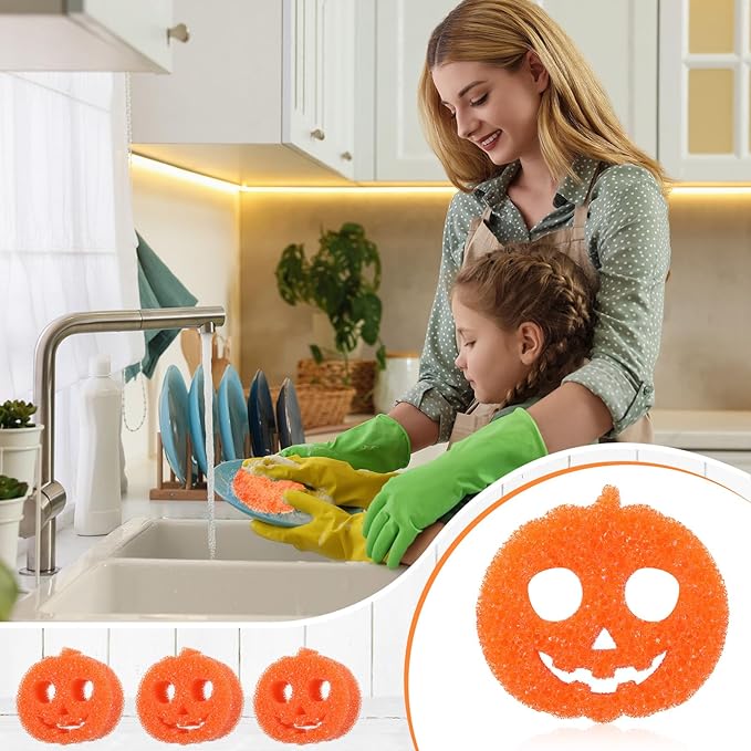 3 Pcs Dual Sided Scrub Sponge Multi Functional Cute Temperature Sensitive Non Scratch Dish Sponge for Washing Dishes Kitchen Bathroom(Halloween Pumpkin,Orange)