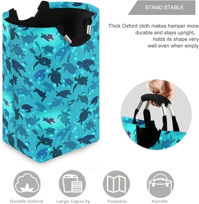 visesunny Turtle Swims In The Ocean Large Laundry Hamper with Handle Foldable Durable Clothes Hamper Laundry Bag Toy Bin for Bathroom, Bedroom, Dorm, Travel