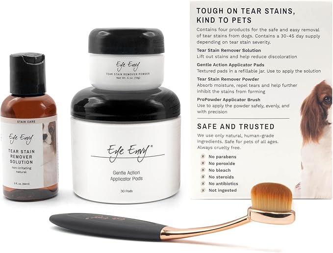 Eye Envy Dog Tear Stain Remover Starter Kit with ProPowder Brush | Stain Solution, Applicator Pads, Stain Powder and Large Applicator Brush | Lasts 30-45 Days