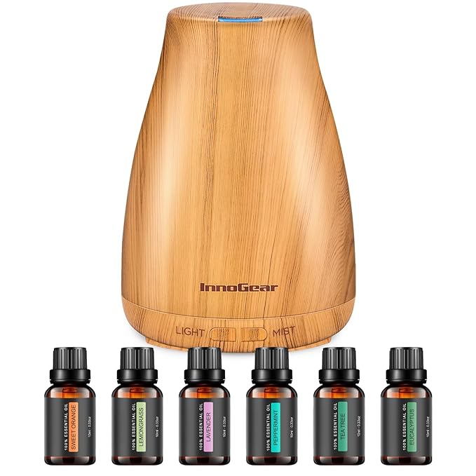 InnoGear Essential Oil Diffuser with Oils, 100ml Aromatherapy Diffuser with 6 Essential Oils Set, Aroma Cool Mist Humidifier Gift Set, Yellow Wood Grain