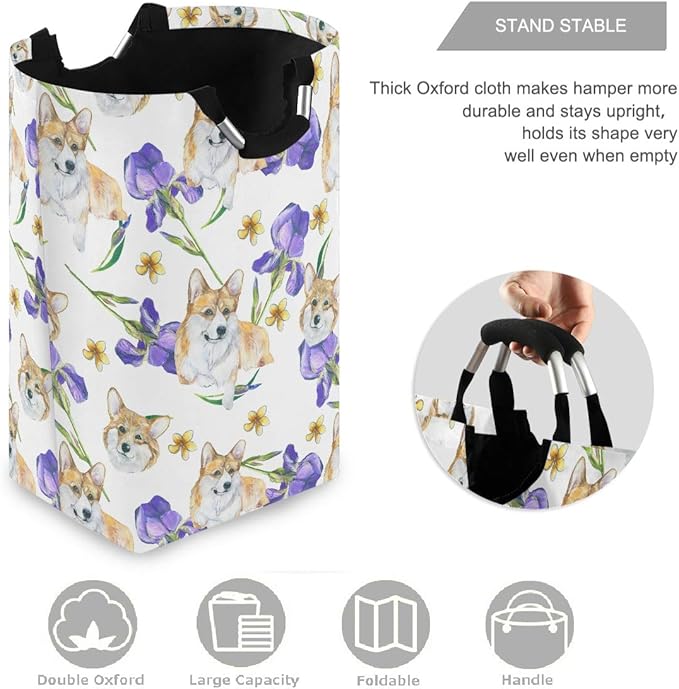 visesunny Collapsible Laundry Basket Purple Tulip Dog Animal Large Laundry Hamper with Handle Toys and Clothing Organization for Bathroom, Bedroom, Home, Dorm, Travel