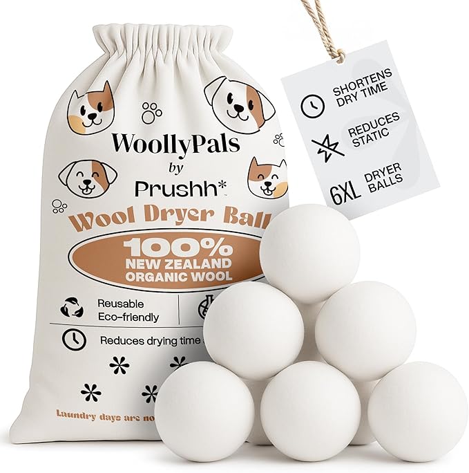 WoollyPals Dryer Balls (6-Pack, XL Size) - 100% New Zealand Wool - No More Dryer Sheets - Eco Dryer Balls - Reusable - Softens Laundry - Reduces Drying Time & Static - with Storage Bag (Plain White)