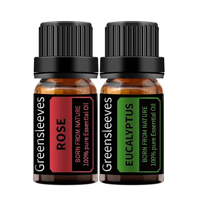 GREENSLEEVES Rose Eucalyptus Essential Oil Set, 2 x 10ml Pure Plant-Based Fragrance Oil for Aromatherapy, Essential Oils for Diffuser, Massage, Bath Bomb, Scented Candle Soap Making