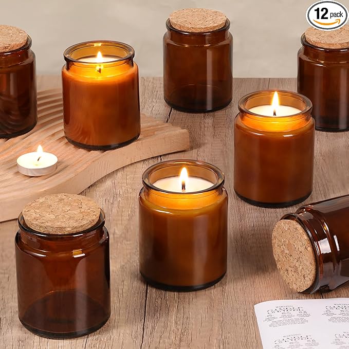 12Pcs Amber Candle Jars for Making Candles, 7.5oz Glass Jars with Wooden Lids and Labels, Candle Containers for DIY, Gifts, Candle Making Supplies, Table Decor