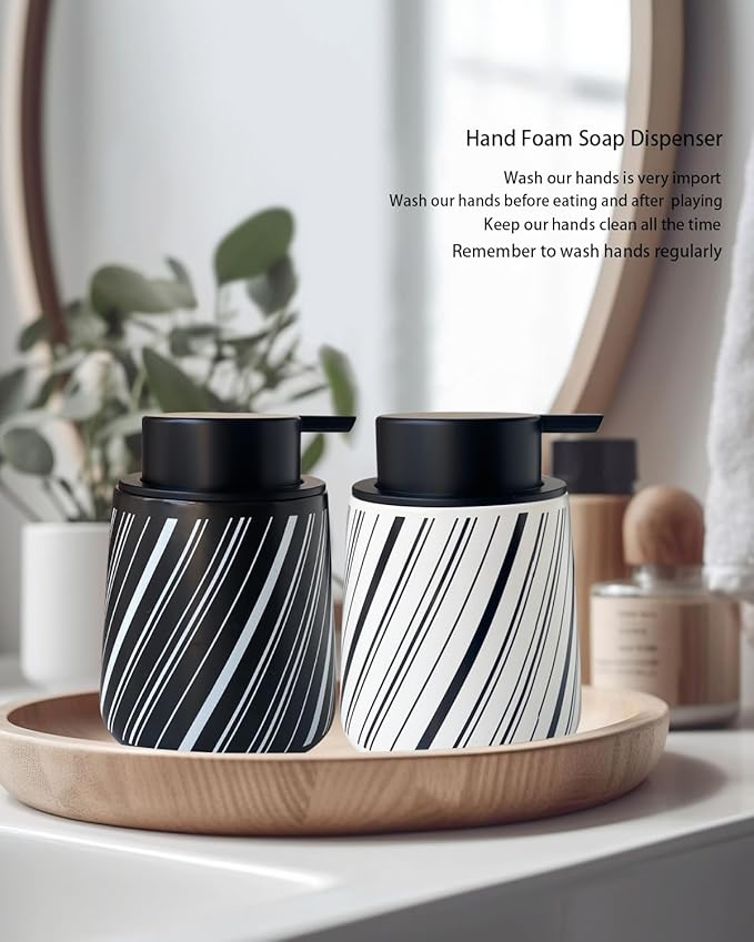 Chic Soap Dispenser Bathroom Ceramic Hand Foam Soap Dispenser for Bathroom Deco 12ounce Refillable Liquid Dispenser for Kitchen (Black)