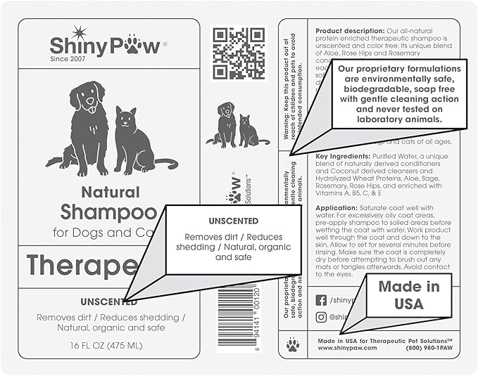 Unscented Dog Shampoo for Sensitive Skin by Shiny Paw 16 oz | Hypoallergenic Tearless Dog Shampoo Itchy Skin Relief | Dandruff Free | Made in USA