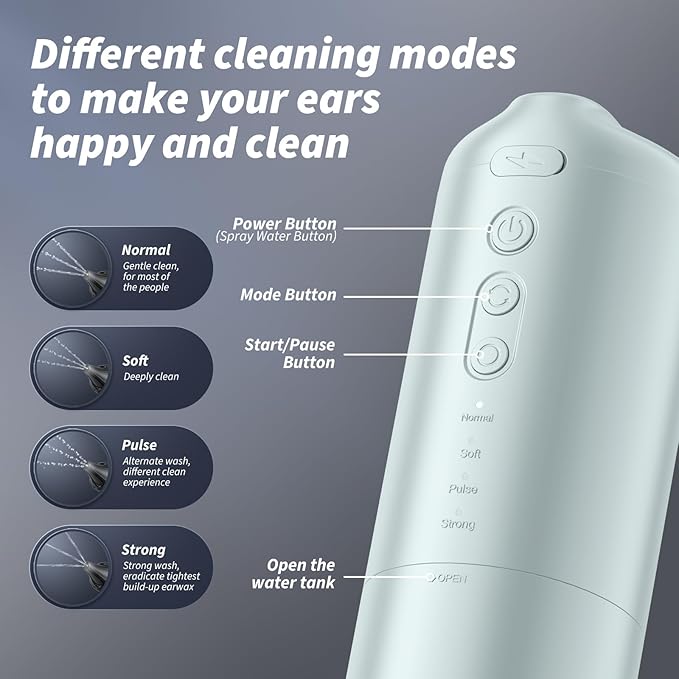 Ear Wax Removal - Electric Ear Cleaner - Ear Irrigation Kit Safe Ear Irrigation Flushing System with 4 Pressure Settings - Effective Ear Wax Removal Tool for Earwax Buildup (Silver)