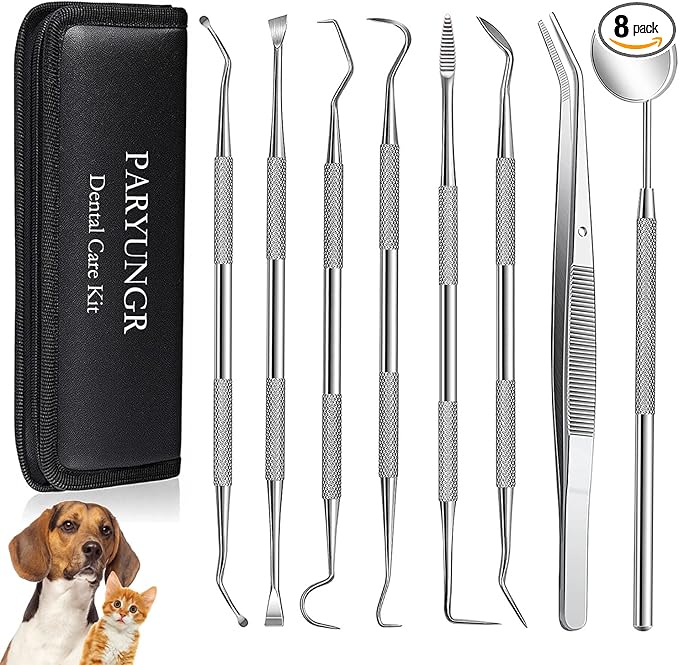 8 Pcs Dental Tools Pet Dog Teeth Cleaning Tool Kit, Stainless Steel Dental Picks Mouth Mirror Tooth Scraper Plaque Tartar Remover, Pets Oral Care Hygiene Set for Dogs and Cats Use with Case