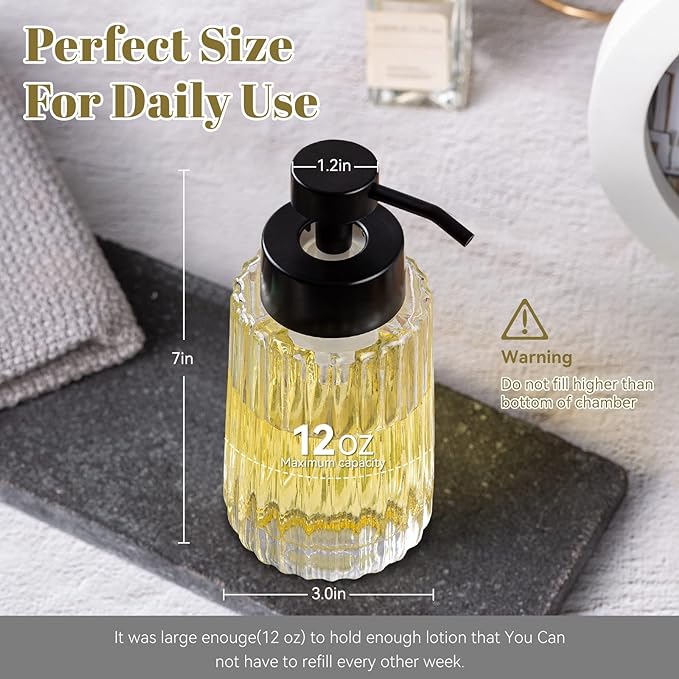 Easy Tang Glass Foaming Soap Dispenser with Black Pump, 12 OZ Vintage-Inspired Modern Glass Refillable Bottle, Hand Soap for Bathroom Countertop and Kitchen